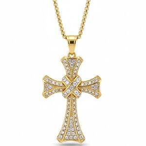 Gold-Plated Cross Pendant Necklace (Stainless Steel, 24” Chain Included)